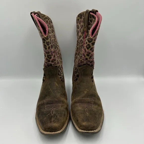 Girls Ariat Brown Leather and Cheetah Print Western Boots Size 1.5