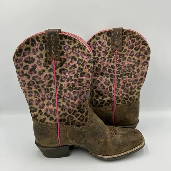 Girls Ariat Brown Leather and Cheetah Print Western Boots Size 1.5