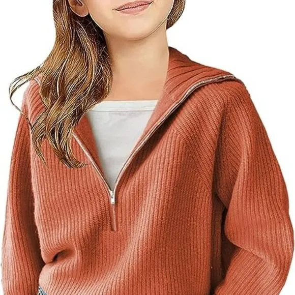 Girls Casual Long Sleeve Half Zip Pullover Sweaters Solid V Neck Collar Ribbed
