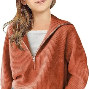 Girls Casual Long Sleeve Half Zip Pullover Sweaters Solid V Neck Collar Ribbed