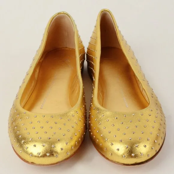 GIUSEPPE ZANOTTI SHOES BALLET FLATS STUDDED GOLD LEATHER IT 36 US 6