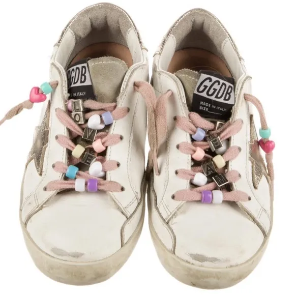 Golden Goose White and Pink Sneakers Vintage Style 31 13 Shoes Girls Beaded