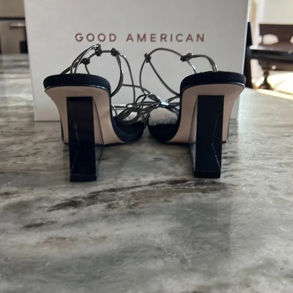 Good American Black &amp; Clear Lucite Heel Ankle Wrap Heel Sz 6.5 Fits 6 or 5.5