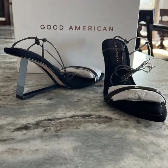 Good American Black &amp; Clear Lucite Heel Ankle Wrap Heel Sz 6.5 Fits 6 or 5.5