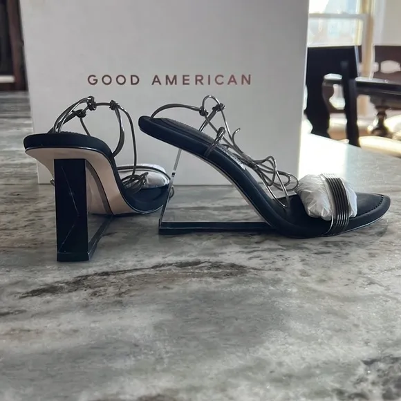 Good American Black &amp; Clear Lucite Heel Ankle Wrap Heel Sz 6.5 Fits 6 or 5.5