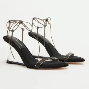 Good American Black &amp; Clear Lucite Heel Ankle Wrap Heel Sz 6.5 Fits 6 or 5.5