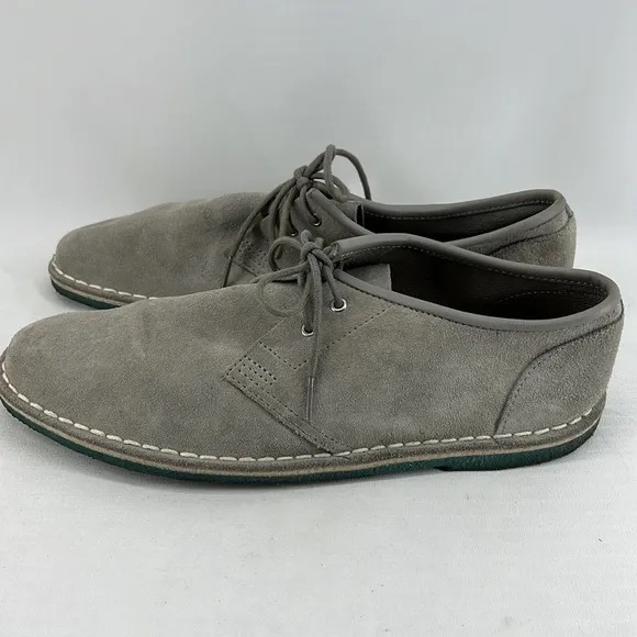 Grey suede loafers with cool turquoise/blue rubber soles