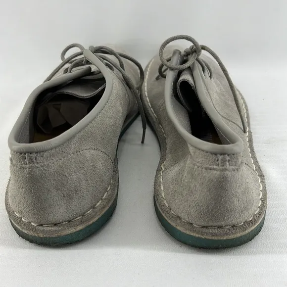 Grey suede loafers with cool turquoise/blue rubber soles