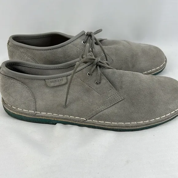 Grey suede loafers with cool turquoise/blue rubber soles