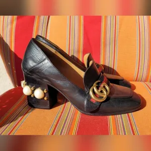 Gucci Black Peyton Loafer Pearl Heel Shoes Size 5