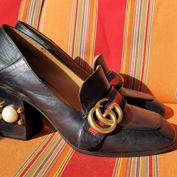 Gucci Black Peyton Loafer Pearl Heel Shoes Size 5