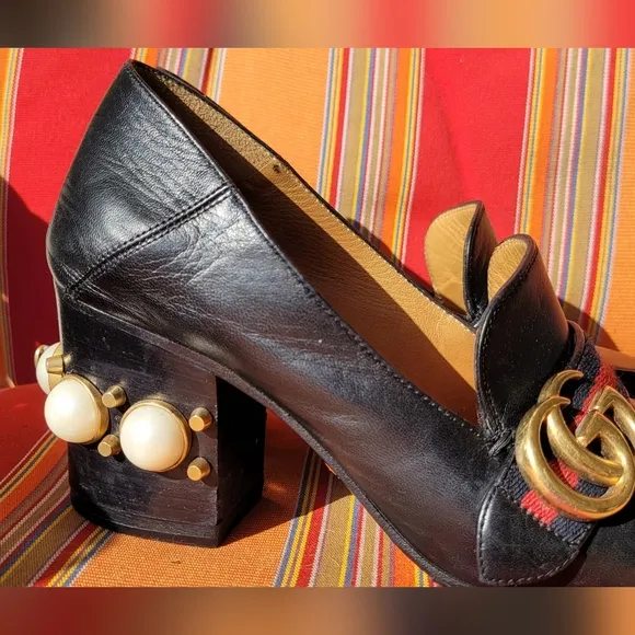 Gucci Black Peyton Loafer Pearl Heel Shoes Size 5