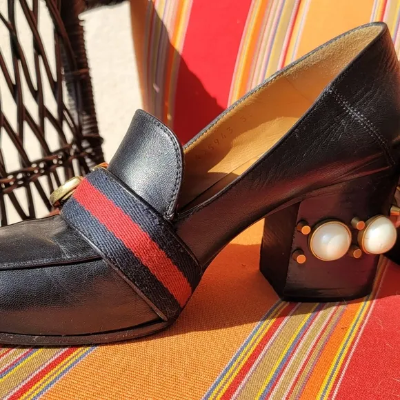 Gucci Black Peyton Loafer Pearl Heel Shoes Size 5