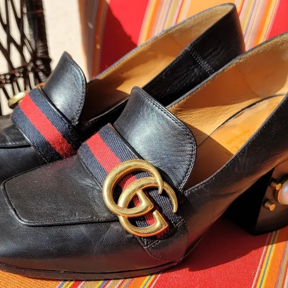 Gucci Black Peyton Loafer Pearl Heel Shoes Size 5