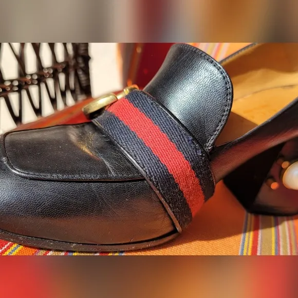 Gucci Black Peyton Loafer Pearl Heel Shoes Size 5