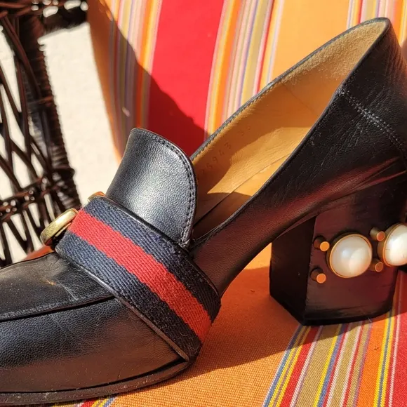 Gucci Black Peyton Loafer Pearl Heel Shoes Size 5