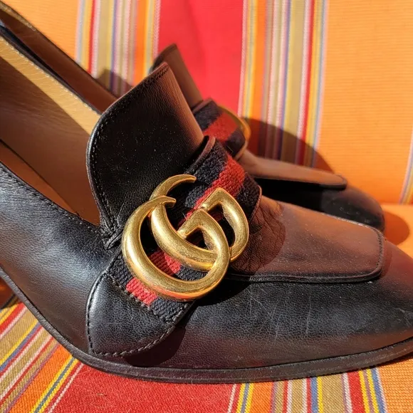 Gucci Black Peyton Loafer Pearl Heel Shoes Size 5