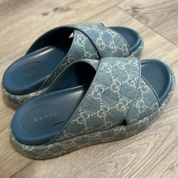 Gucci Blue Monogram Slide Sandals