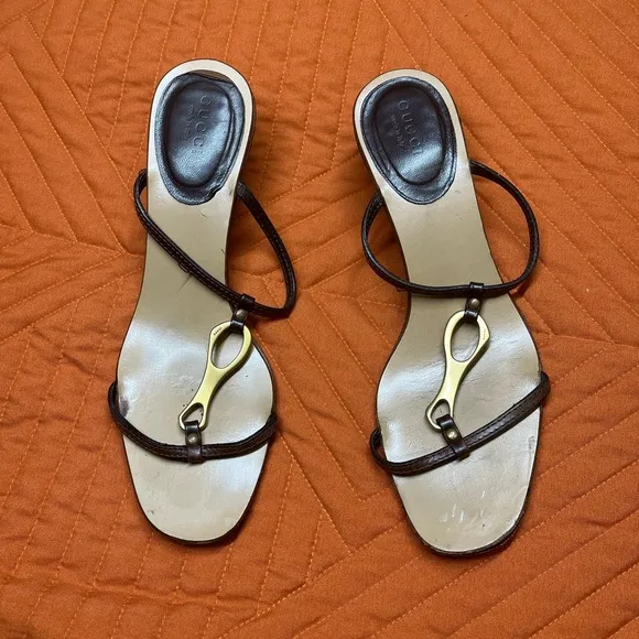 Gucci Brown and Gold Horse Bit Kitten Heel Sandal