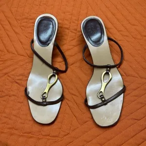 Gucci Brown and Gold Horse Bit Kitten Heel Sandal