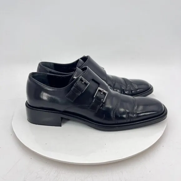 Gucci Double Monk Strap Women Size 8B Black Leather Plain Toe Buckle Dress Shoes