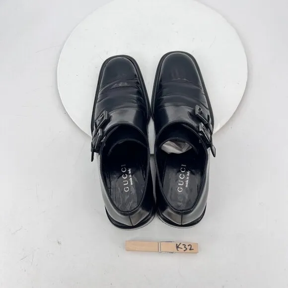 Gucci Double Monk Strap Women Size 8B Black Leather Plain Toe Buckle Dress Shoes
