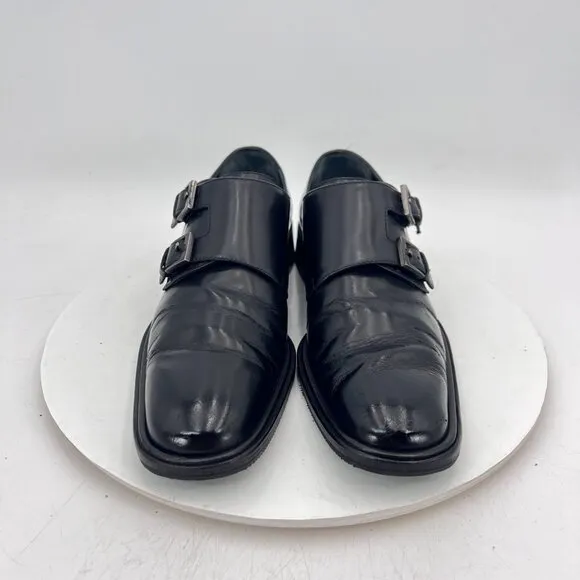 Gucci Double Monk Strap Women Size 8B Black Leather Plain Toe Buckle Dress Shoes
