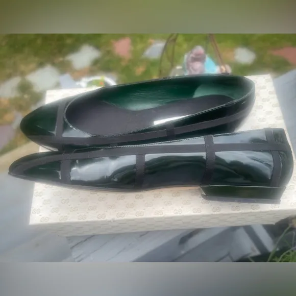 GUCCI GREEN Patent Leather Black Gross Grain RIBBON Ballet SHOES (US 7.5) VTG