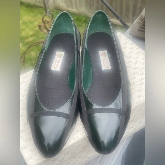GUCCI GREEN Patent Leather Black Gross Grain RIBBON Ballet SHOES (US 7.5) VTG