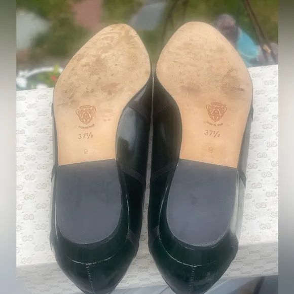 GUCCI GREEN Patent Leather Black Gross Grain RIBBON Ballet SHOES (US 7.5) VTG
