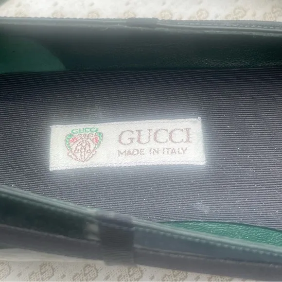 GUCCI GREEN Patent Leather Black Gross Grain RIBBON Ballet SHOES (US 7.5) VTG