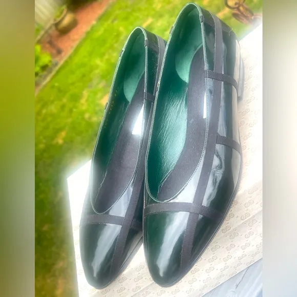 GUCCI GREEN Patent Leather Black Gross Grain RIBBON Ballet SHOES (US 7.5) VTG
