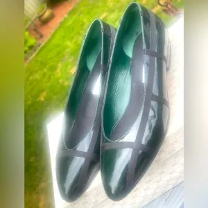GUCCI GREEN Patent Leather Black Gross Grain RIBBON Ballet SHOES (US 7.5) VTG