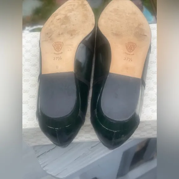 GUCCI GREEN Patent Leather Black Gross Grain RIBBON Ballet SHOES (US 7.5) VTG