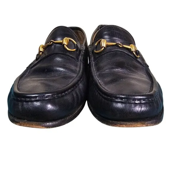 Gucci Men Black Leather Horsebit Loafers Size 9D Designer Quiet Luxury Old Money