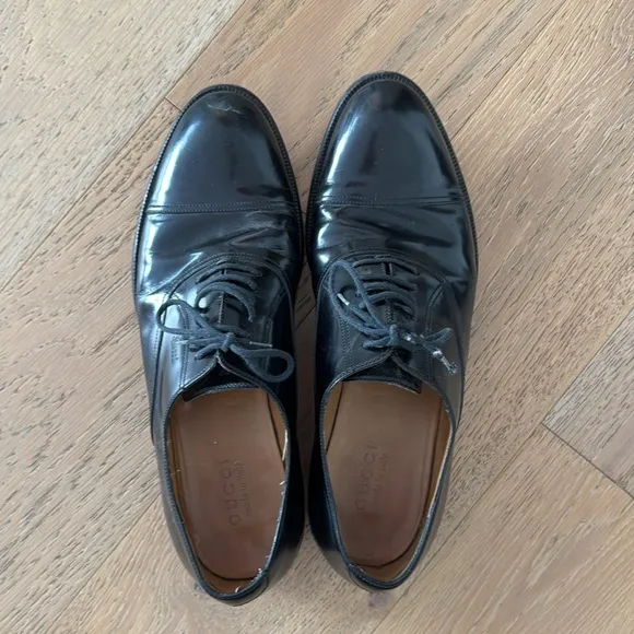 Gucci Mens Italian Black Leather Shoes-Oxford Lace Up Size 10