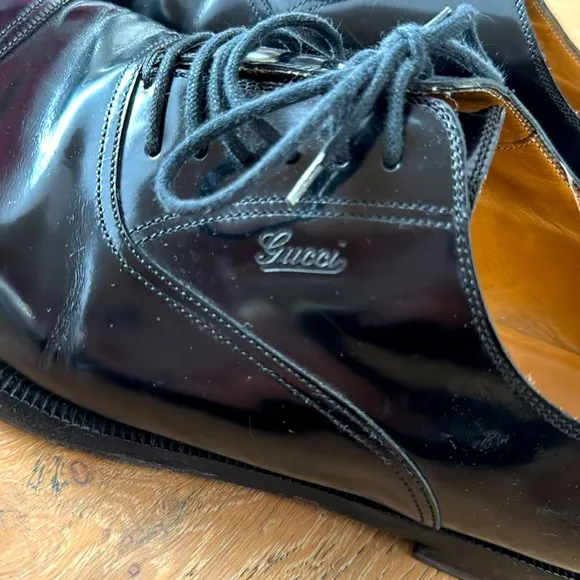 Gucci Mens Italian Black Leather Shoes-Oxford Lace Up Size 10