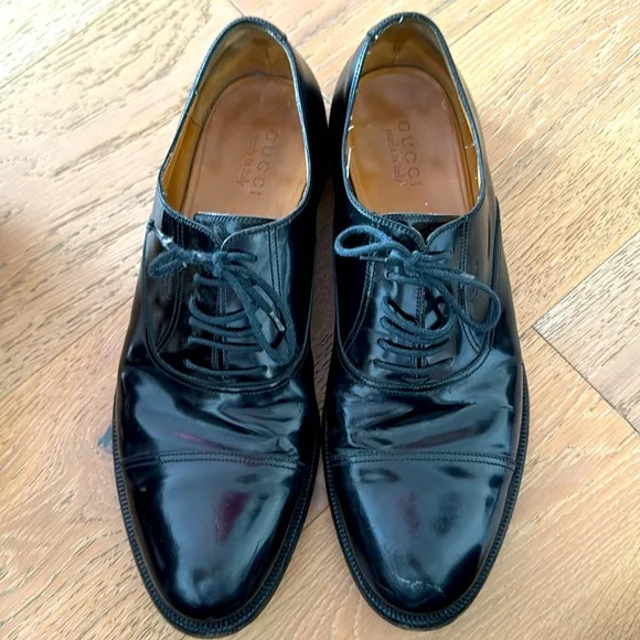 Gucci Mens Italian Black Leather Shoes-Oxford Lace Up Size 10