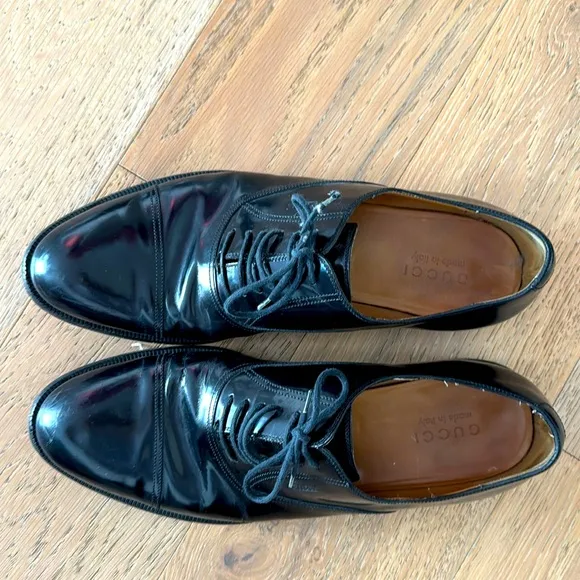 Gucci Mens Italian Black Leather Shoes-Oxford Lace Up Size 10