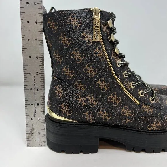 Guess Women's GW Fearne Combat Boots Size 9.5  Black &amp; Gold Chunky Sole