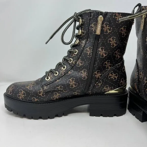 Guess Women's GW Fearne Combat Boots Size 9.5  Black &amp; Gold Chunky Sole