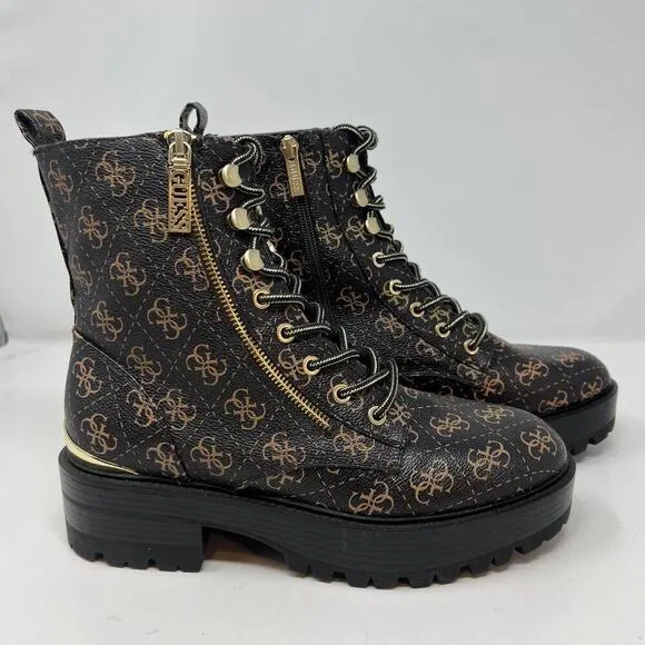 Guess Women's GW Fearne Combat Boots Size 9.5  Black &amp; Gold Chunky Sole