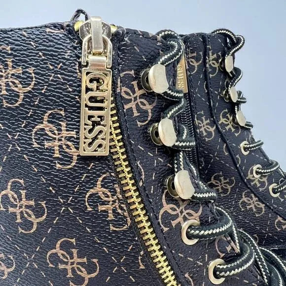 Guess Women's GW Fearne Combat Boots Size 9.5  Black &amp; Gold Chunky Sole