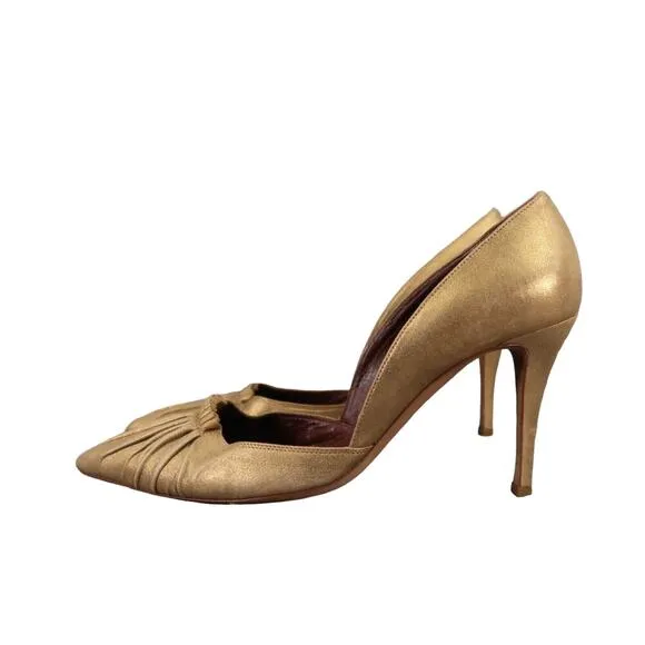Gunmetal Shoes Womens 37.5 Pumps Fashion Stiletto Point Toe Leather Gold Formal