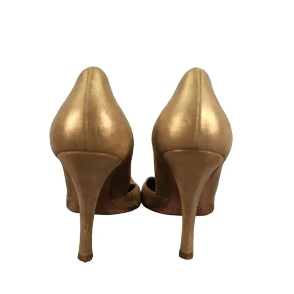 Gunmetal Shoes Womens 37.5 Pumps Fashion Stiletto Point Toe Leather Gold Formal
