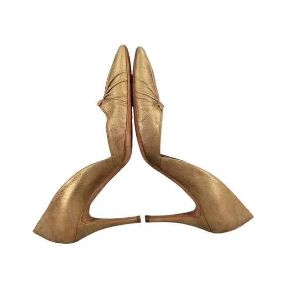 Gunmetal Shoes Womens 37.5 Pumps Fashion Stiletto Point Toe Leather Gold Formal
