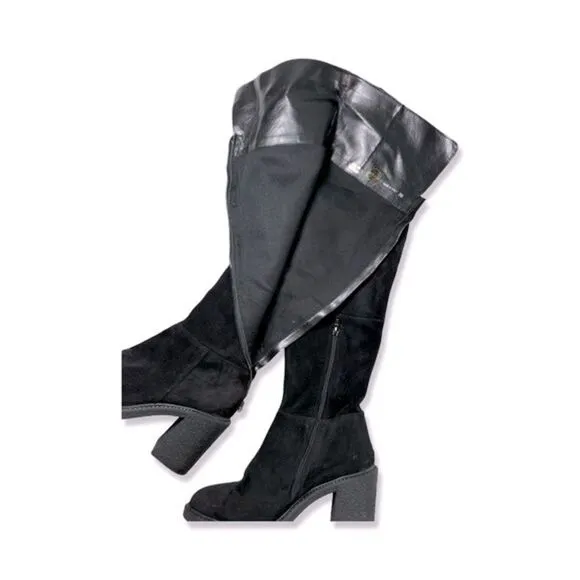 Gusto Women's Black Suede Leather Over The Knee High Block Heeled Boots