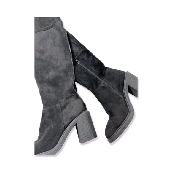 Gusto Women's Black Suede Leather Over The Knee High Block Heeled Boots