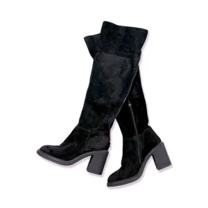 Gusto Women's Black Suede Leather Over The Knee High Block Heeled Boots
