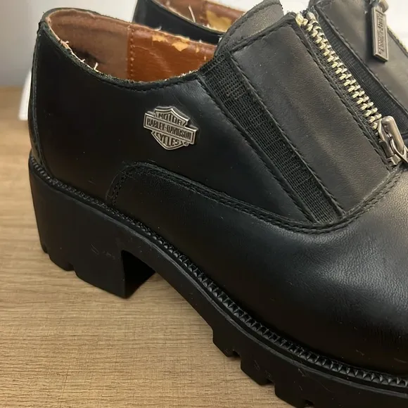 Harley-Davidson Vtg Y2K Women's Black Leather Shoes Chunky Heel sz 7